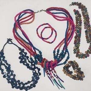 1970s-1980s Boho Tribal Chunky 6-piece Colorful Wood Beaded Jewelry Lot